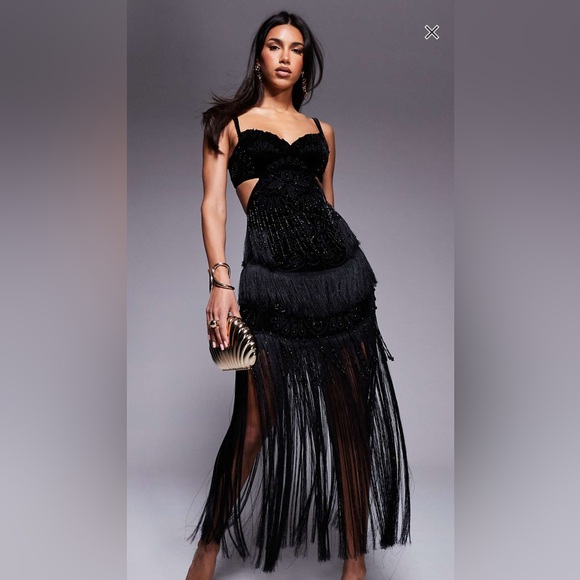 ASOS Design embellished velvet fringe dress in black - Picture 1 of 7